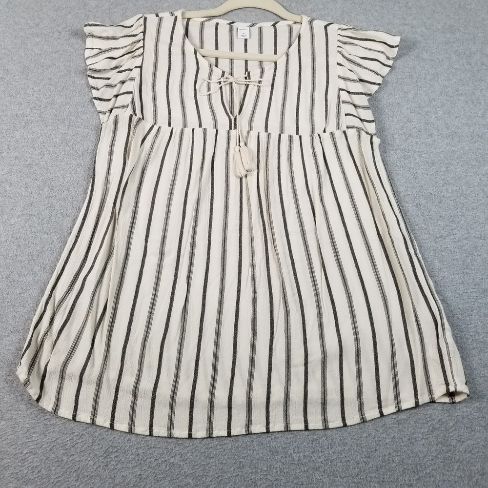 Old Navy Blouse Womens Medium White Black Striped Gauze See Through Boho Tassel